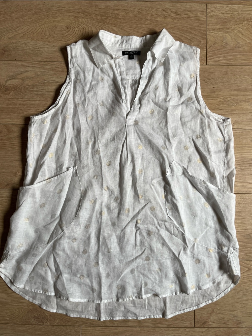 For Cynthia White Linen Sleeveless Blouse with Pale Dot Detail